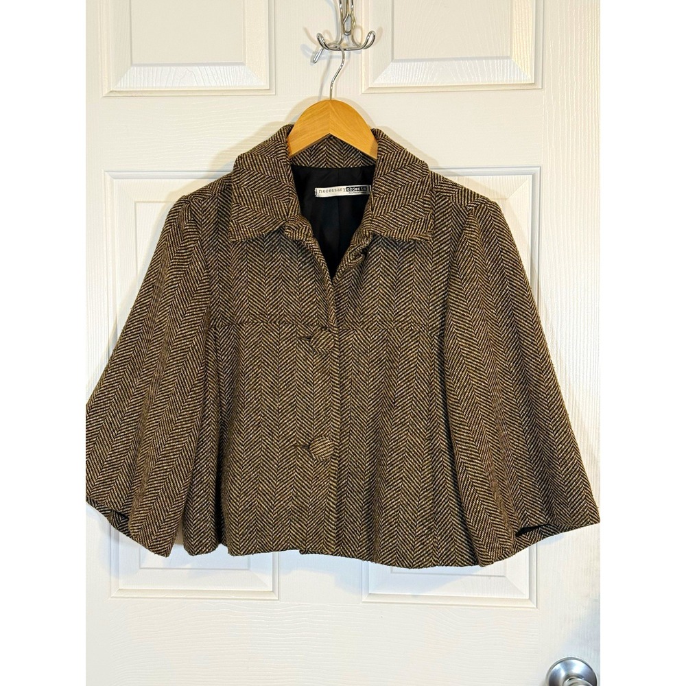 Vintage cropped jacket coat Necessary Objects Brown Black Herringbone Cape M